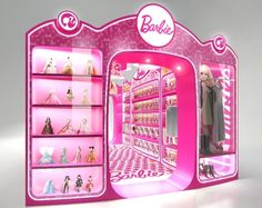 a barbie doll store with pink walls and shelves