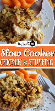 this is an image of slow cooker chicken and stuffing on a plate with carrots