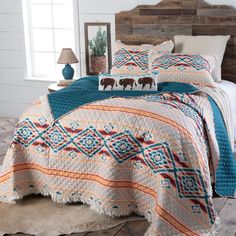 PRICES MAY VARY. SUNDANCE SOUTHWEST AZTEC DIAMOND RUFFLE TRIM TWIN 2 PIECE QUILT SET DESIGN: Like the colors of a desert sunset, this Quilt and shams have a repeating southwestern pattern of diamonds and stripes in shades of deep red, turquoise, blue, and coral on a soft tan background. Fold the quilt down on your bed to reveal the turquoise reverse to create a bold contrast with the warm colors on the face. SOFT AND COMFORTABLE LUXURY: Made from materials that will never feel heavy, stiff or un Ruffle Quilt, Southwest Quilts, Western Bedroom Decor, Western Bedding, Western Bedroom, King Quilt Sets, Full Bedding Sets, Inspire Me Home Decor, King Bedding Sets