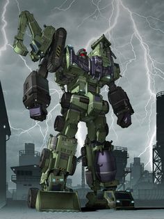 a large robot standing in front of a lightning filled sky