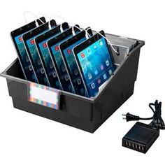 a blue container filled with lots of electronic devices