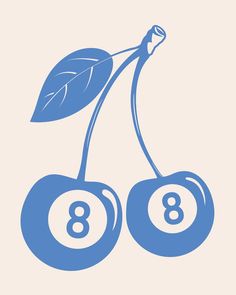 two blue cherries with leaves on top and the number eight below them, against a beige background