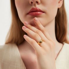 Gold dome ring with a little extra design. This ring is so chic and timeless. Wear it alone for a statement look or stack together with other stacking rings.………………………………….D E T A I L S• Materials: Stainless Steel, 18k gold plating.• Available Size: US 6 (Diameter: 16.5mm), US 7 (Diameter: 17.3mm), US8 (Diameter: 18.2mm)• This product is hypoallergenic, water and tarnish resistant Gold Plated Open Dome Ring For Promise, Gold Plated Open Dome Ring For Promise Occasion, Classic Gold Enamel Promise Ring, Gold Plated Thick Band Ring, Tarnish Resistant Wide Band Gold Plated Ring, Tarnish Resistant Wide Band Ring In Gold Plated, Gold Minimalist Enamel Ring For Anniversary, Tarnish Resistant Gold Plated Wide Band Ring, Minimalist Gold Enamel Ring For Anniversary