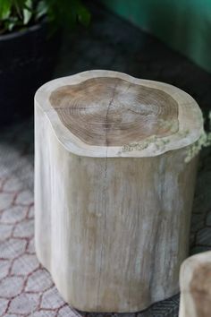 a piece of wood sitting on top of a table next to a potted plant