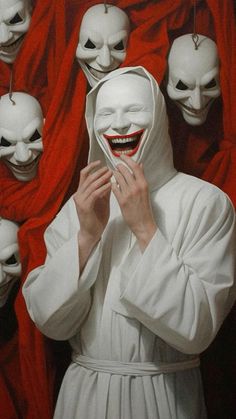 a painting of a person wearing a white mask