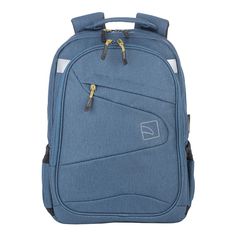 a blue backpack with two zippers on the front and side pockets, sitting against a white background