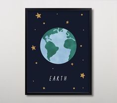 a poster with the earth on it and stars in the sky around it that says earth