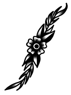 a black and white drawing of a flower with leaves on the side, in an artistic manner