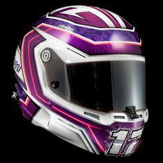 the helmet is designed to look like it has been painted with purple and white stripes