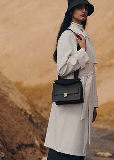 Polène | Bag - Numéro Sept - Black Textured leather Polene Bag, Structured Bag, Hijab Fashion Inspiration, Gold Work, Beautiful Lines, Black Textures, Day Bag, Black Bag, High Quality Leather