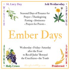 a poster with the words ember days written in orange and yellow on it, surrounded by flowers