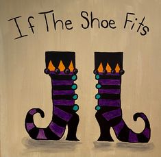 an acrylic painting of two purple boots with fire in the shoe fits written on them