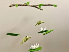 some white flowers and green leaves floating in the water next to a branch with an animal on it