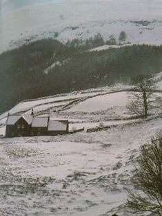 an old photo of a snow covered hill with a barn in the foreground and trees on the other side