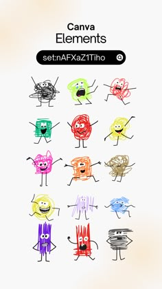 a bunch of cartoon characters are drawn in different colors and sizes, with the words canvas elements