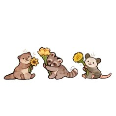 three otters with flowers in their hands and one is holding the other's tail