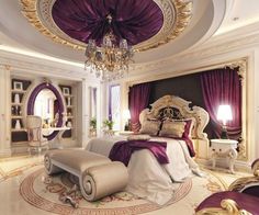 a luxurious bedroom with purple and gold decor