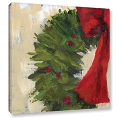 a painting of a christmas tree with red ribbon on it's neck and green leaves