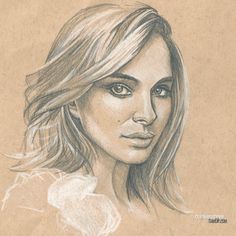 a pencil drawing of a woman's face with long blonde hair and blue eyes