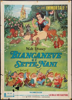 an old movie poster with snow white and the seven dwarfs