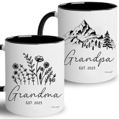 two black and white coffee mugs with the words grandma and grandpa printed on them