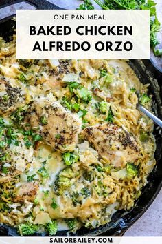 one pan meal baked chicken alfredo orzo with broccoli and parmesan cheese