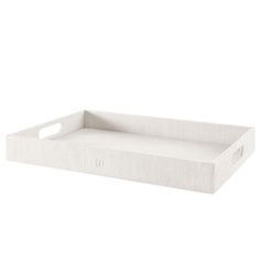 an empty white tray with handles on the top and bottom, in front of a white background