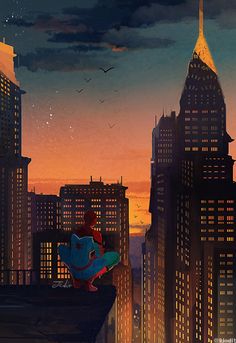 the spider - man is sitting on top of a building looking out at the city