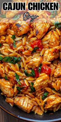 chicken pasta with spinach and tomatoes in a skillet on top of a wooden table