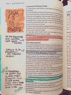 an open bible with handwritten words and pictures on the pages, including jesus is so powerful