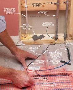 a man is working on the floor in front of an electrical outlet and wiring box