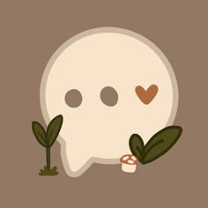 a white speech bubble with two hearts on it's face and some green leaves in front of it