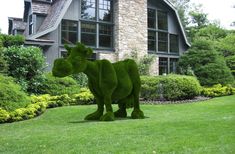 a sculpture of a cow in front of a large house with bushes and shrubs around it