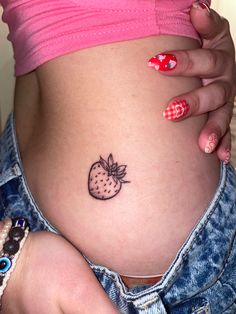 harry styles inspired strawberry tattoo Cute Tattoos Strawberry, Strawberry Tattoo On Hip, Line Work Strawberry Tattoo, Strawberry Behind Ear Tattoo, Strawberry Tattoo Behind Ear, Strawberry Wrist Tattoo, Strawberry Tattoo Aesthetic, Strawberry And Cherry Tattoo, Cherry Tattoos For Women