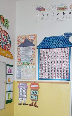 a child's playroom with toys and games on the wall, including numbers