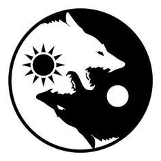 two black and white wolfs facing each other in front of a yin yang symbol