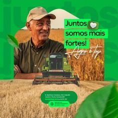 a man standing in front of a field with a green sign that says, juitos somos mais fortes