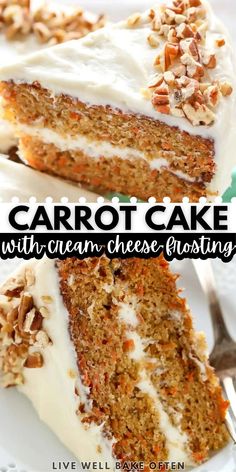 carrot cake with cream cheese frosting on a white plate