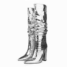 Shop Silver Pointy Toe Crocodile-Print Block Heel Metallic Knee High Boots color Silver for Big Day, Dancing Club, Party with worldwide Free shipping & Free return. Metallic Knee High Boots, Dancing Club, Print Block, High Heel Boots Knee, Mid Boots, Crocodile Print, Super High Heels, Pointed Heels, Stone Pattern