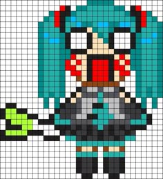 the pixel art is designed to look like an anime character with blue hair and green eyes