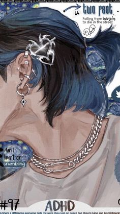 a drawing of a woman with blue hair and piercings on her ears is featured