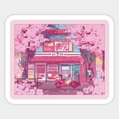 a pink poster with a motorcycle parked in front of a store