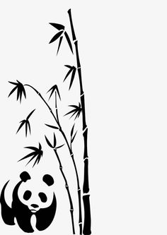 a black and white drawing of a panda bear next to a bamboo tree with leaves