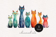 watercolor cats are sitting in a row with the words, whimsical cats