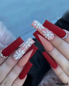 Olivia Mark - 24pcs Christmas Colorblock Snowflake Press On Coffin False Nails Matte Set Gothic Nails, Christmas Nails Easy, Christmas Nails Acrylic, Diy Nail Designs, Winter Nail Art, Winter Nail Designs, Xmas Nails, Christmas Nail Designs