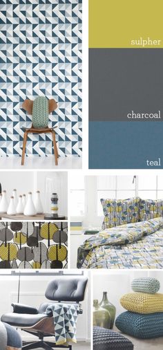 the color scheme is blue, yellow and grey with different patterns on it's walls