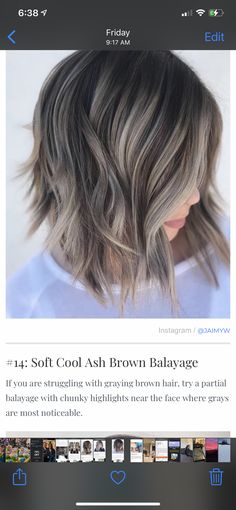 Balyage Short Hair Ash Gray, Going Grey Transition Balayage, Brown Hair Hiding Grey, Ash Brown Hair To Hide Grey, Hiding White Hair Brunette, Ash Blonde Balayage To Cover Grey, Balayage For Dark Brown Hair To Hide Grays, Hiding Grey Hair Brunette, Dark Hair Color Ideas To Hide Gray