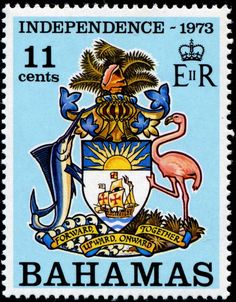 a stamp with an image of the coat of arms and flamingos, on it