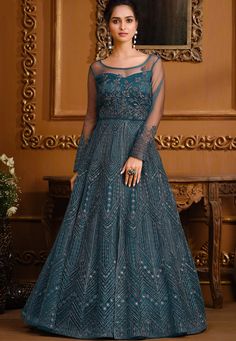 Buy Indian Wedding Party Wear Salwar blue net embroidered front slit floor length anarkali suit 4736 online in USA, UK and Canada from KollyBollyEthnics.com Anarkali Tops, Celana Fashion, Anarkali Lehenga, Designer Anarkali Suits, Party Sarees, Net Lehenga, Designer Anarkali, Anarkali Suit, Net Dupatta