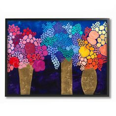 three vases filled with colorful flowers on a purple background, one is gold and the other is blue